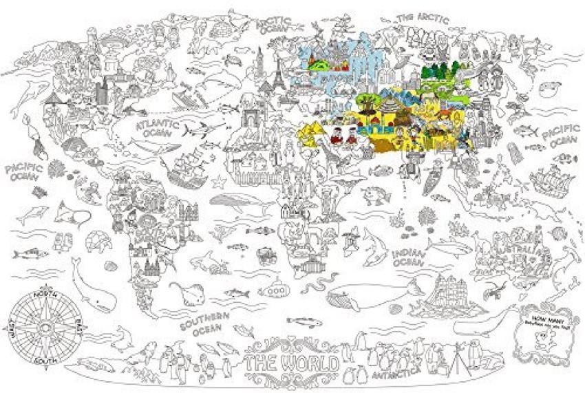 Jar Melo Giant Coloring Poster for Kids;World Map Jumbo Coloring Poster Wall ; 45.3 inch x 31.5 inch; Doodle Art Coloring; Drawing Fun-Super Painter