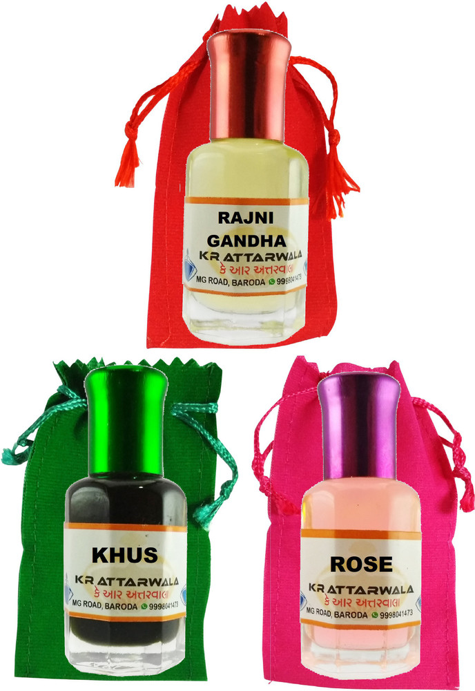 Kr Attarwala Khus Rose Rajnigandha Three 6ml Attar Roll ons Ittar Perfume Essential Oil Rollon Floral Attar