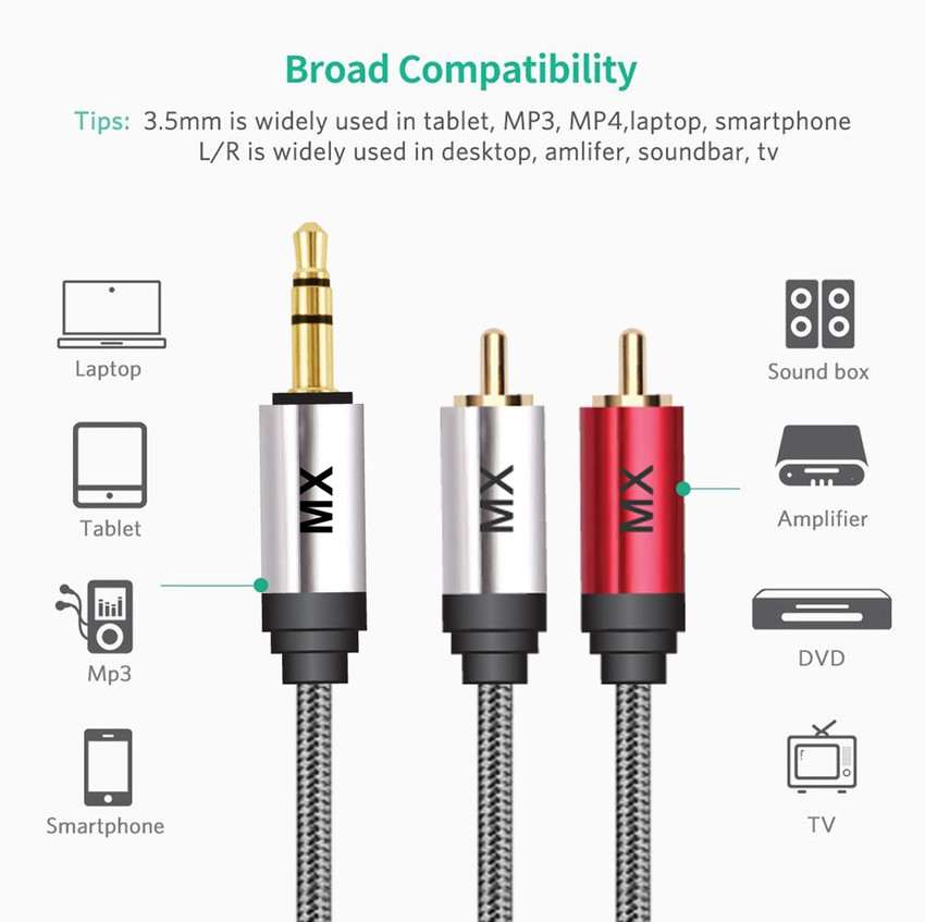 MX TV out Cable 10 Meters 5 Feet Ep Stereo 3.5mm to 2 RCA Male