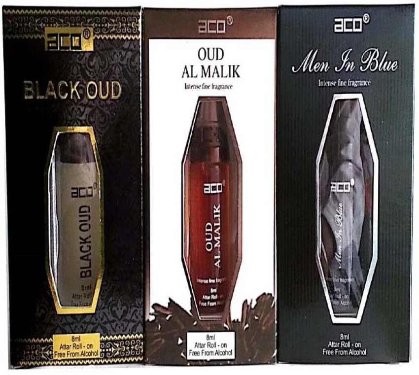 aco PERFUMES aco BLACK OUD OUD AL MALIK MEN INBLUE 8ML attar roll on pack of 3 Floral Attar