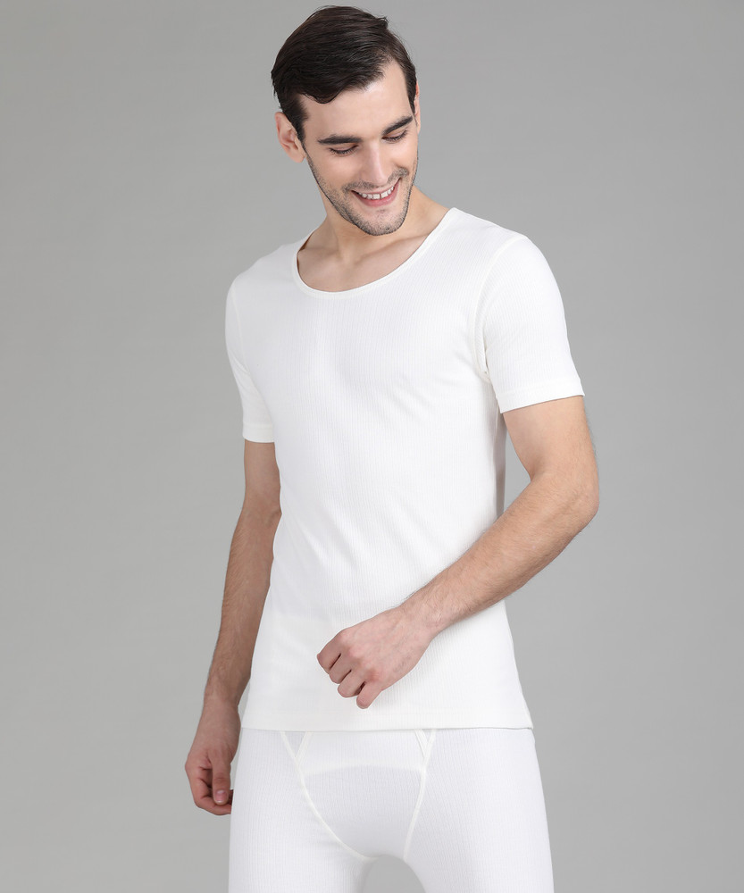 VAN HEUSEN Men White Solid Antibacterial Low Neck Thermal Top Men