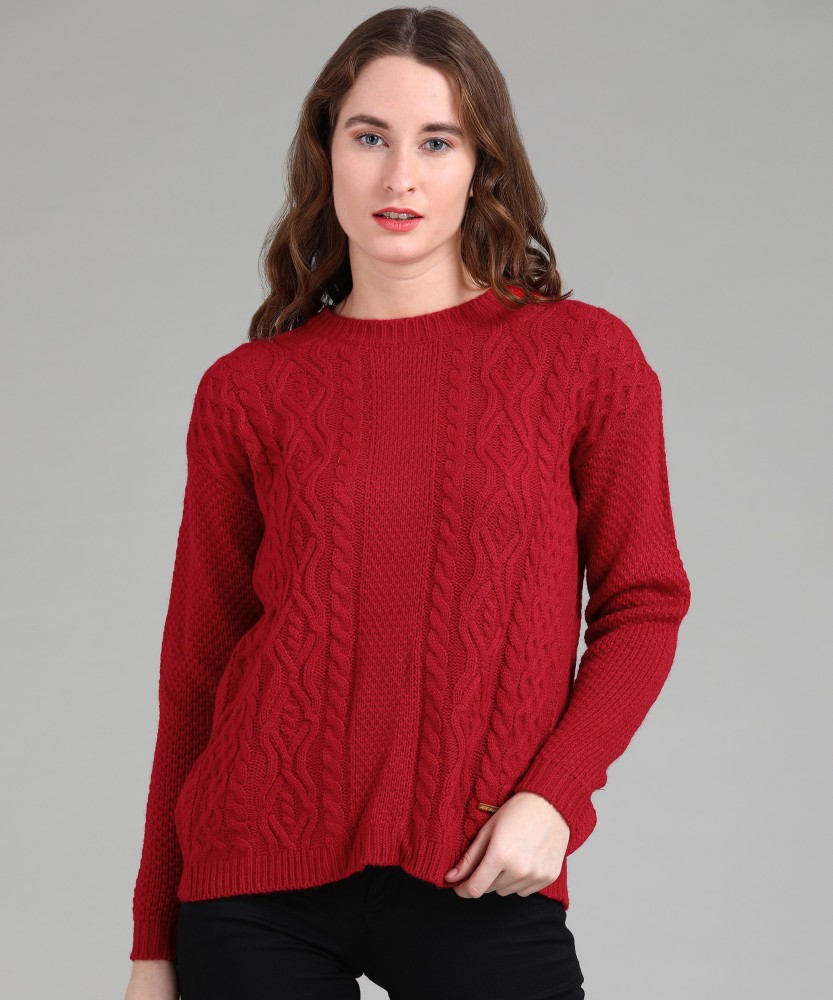 Pepe Jeans Self Design Round Neck Casual Women Red Sweater - Buy