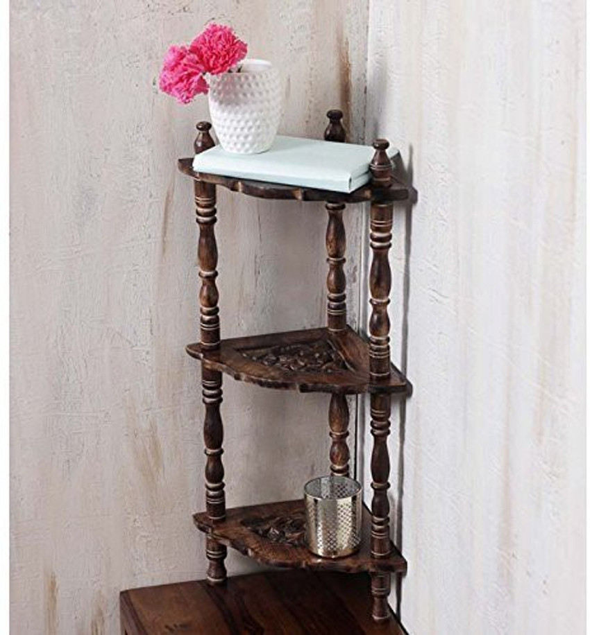 Craftatoz Mini Wooden Corner Rack Side Table Home Decor Carved