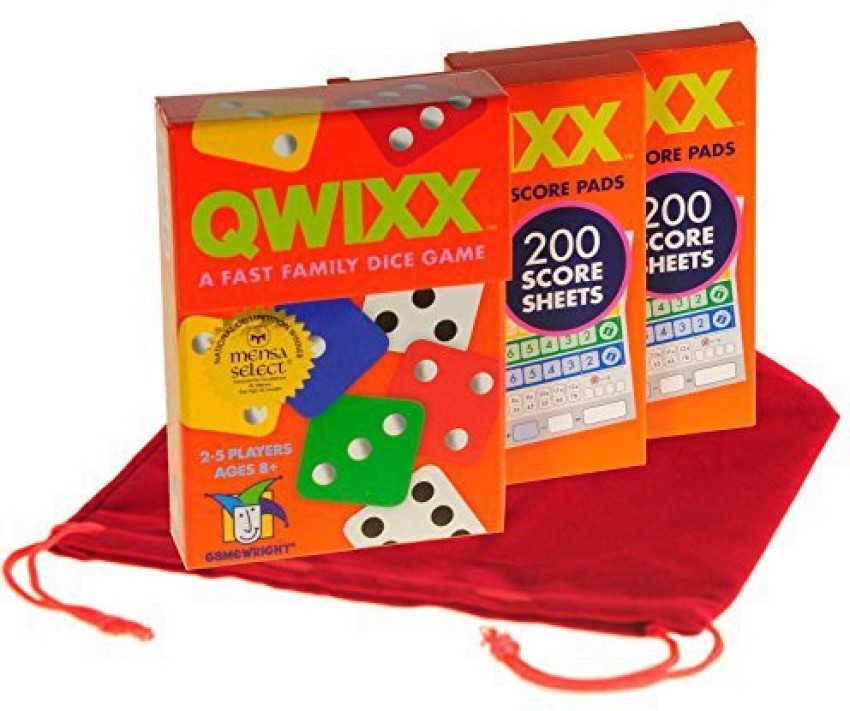 Genrc QWIXX Fast Family Dice Game _ with 2 Replacement Score Pad Packs _  Bonus RED Velvet Drawstring Pouch _ Bundled Items - QWIXX Fast Family Dice  Game _ with 2 Replacement