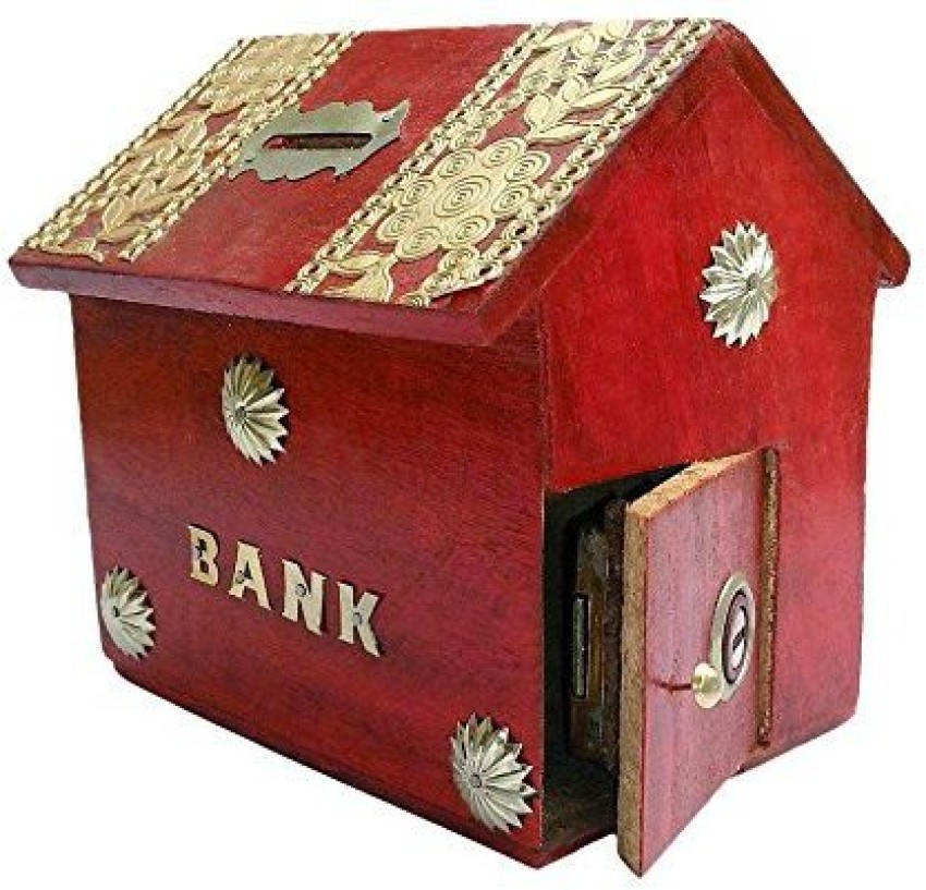 Genrc Wooden Handmade Money Bank With House Shape Brass Inlay Design Coin Organizer Storage Piggy Bank Ideal For Kids Home Decorative Or Multi Purpose