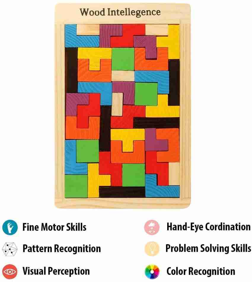 40 Piece Wooden Brain Teaser Puzzle, Solve by Fitting All Pieces Into Frame  or Use Creativity to Design Artwork, Montessori Tangram Educational Toy 