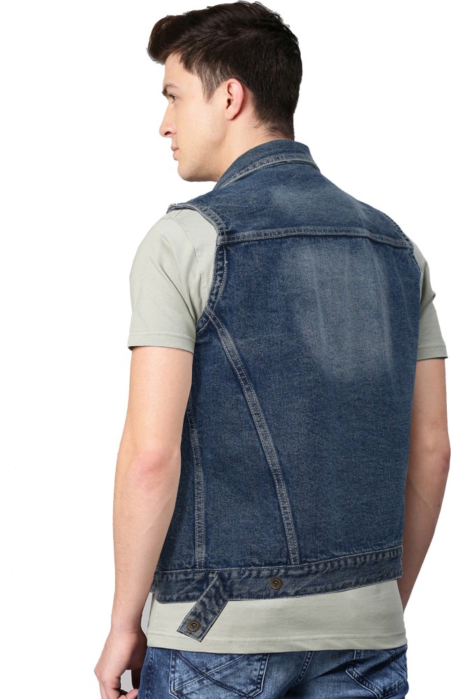 Buy Men Blue Sleeveless Denim Jacket online  Looksgudin