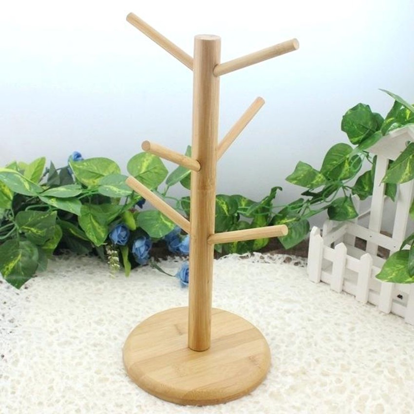 Wooden Mug Drying Tree Holder 6 Hooks Tea Coffee Cup Rack Display