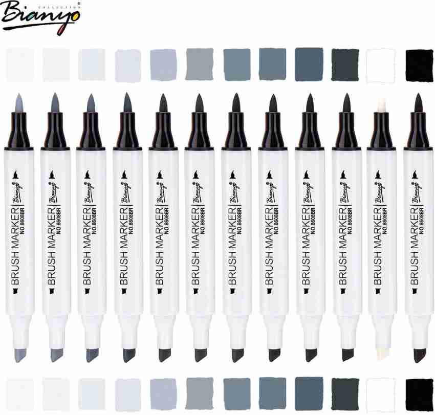 Bianyo Cool Greys Art Marker Pens- Dual Tip Permanent Markers  for Drawing, Shading, Outlining, Illustrating, Sketching, Colorless  Blender, 12-Colors - Dual Tip Permanent Markers