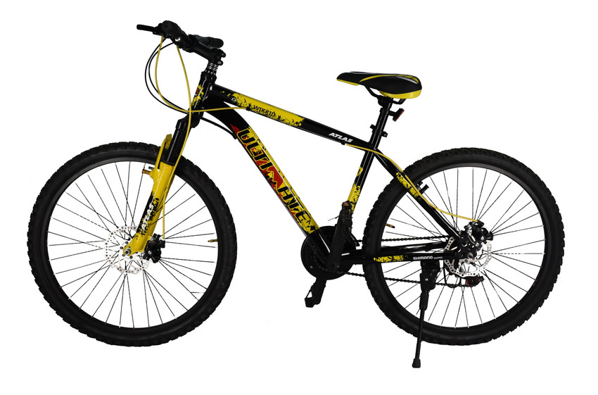 ATLAS Ultimate Wikkid Front Suspension Dual Disc Brake Bike For Adults Black Yellow 26 T Mountain Cycle Price in India Buy ATLAS Ultimate Wikkid Front Suspension Dual Disc Brake Bike