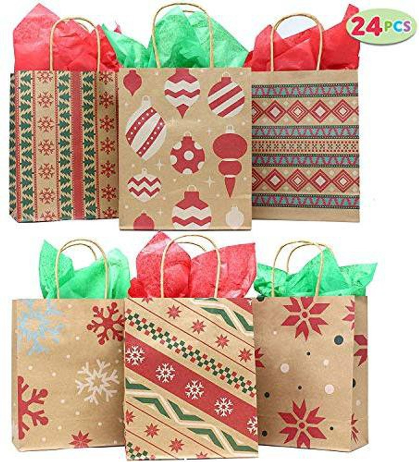 Genrc 24 Christmas Kraft Gift Bags With Assorted Christmas Prints