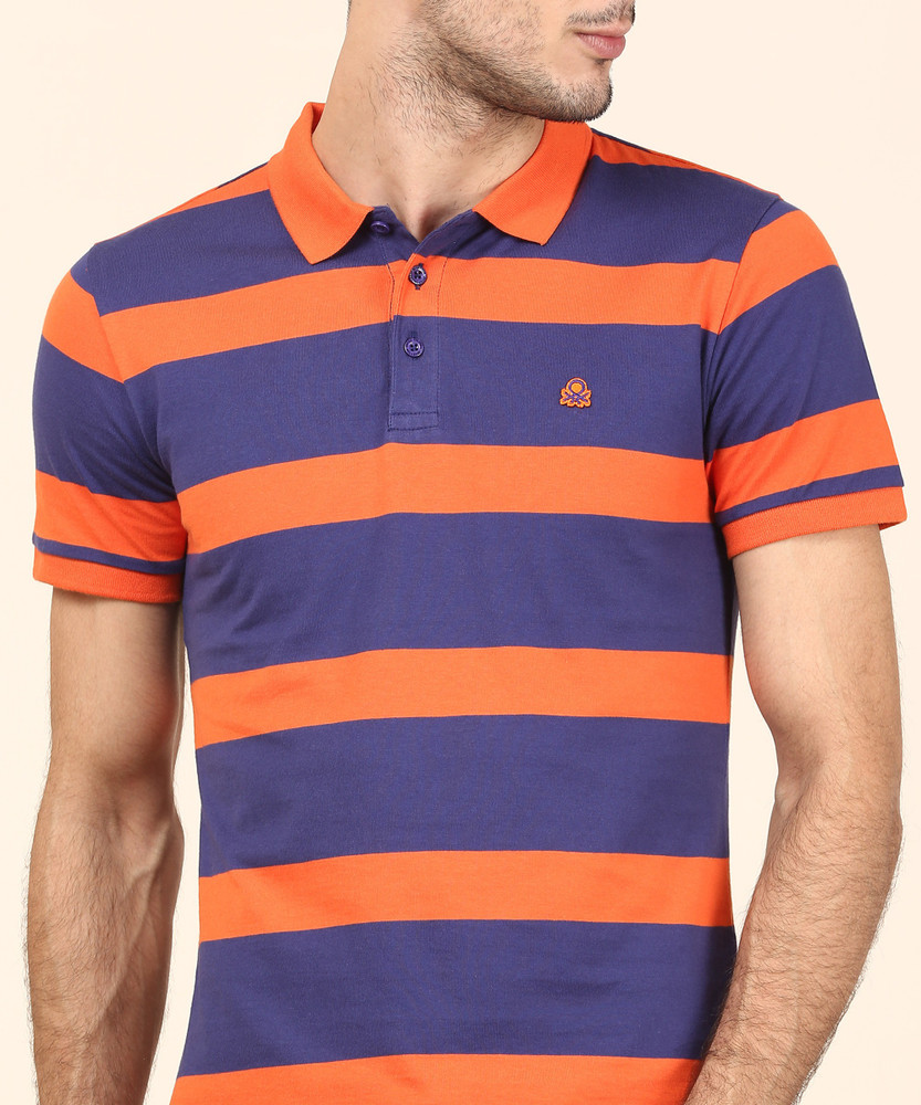 United Colors of Benetton Striped Men Polo Neck Orange T Shirt