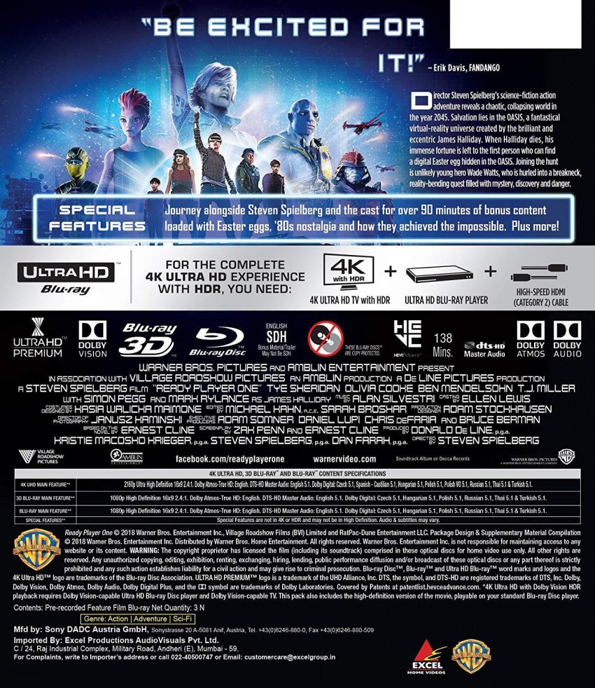 Ready Player One (4K UHD + Blu-ray + Digital Download) (2-Disc Set  Including Over 90 Minutes of Special Features) (Slipcase Packaging + Region  Free + Fully Packaged Import) Price in India 