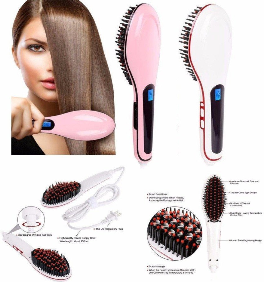 ASTOUND Fast Hot Hair Straightener Comb Brush Fast Hair Straightener Flat Flattening Electric Brush w Temp Control Display PINK Hair Straightener