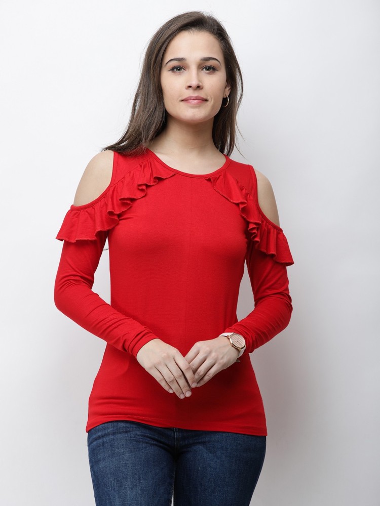 red cold shoulder shirt