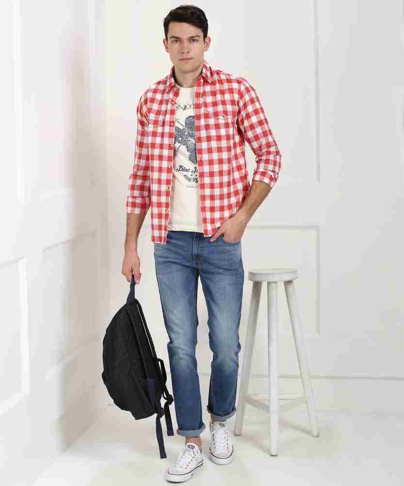 Red check shirt with white store t shirt