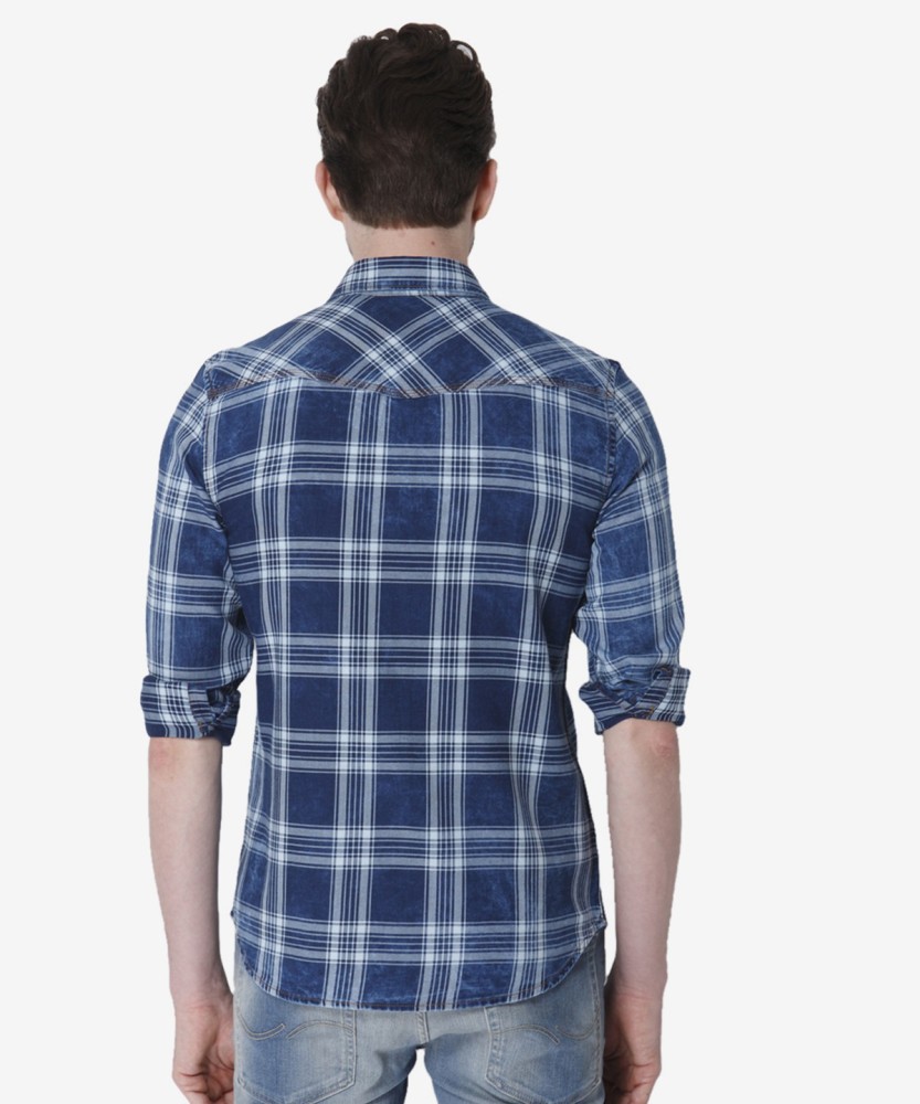 JACK & JONES Men Checkered Casual Blue Shirt - Buy Medium Blue Denim JACK &  JONES Men Checkered Casual Blue Shirt Online at Best Prices in India