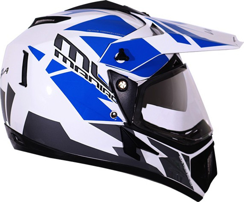 Blue and white shop dirt bike helmets
