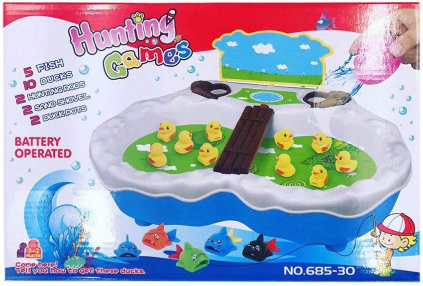 WAMA RETAILS Fish Hunting Game Comes with 10 Fishes, 2 Fishing Rods, 7 Ducks,  Two Ponds a Tree and a Platform Including a Bridge, for Kids Above 3 Years  Multi-Color Group Game. 