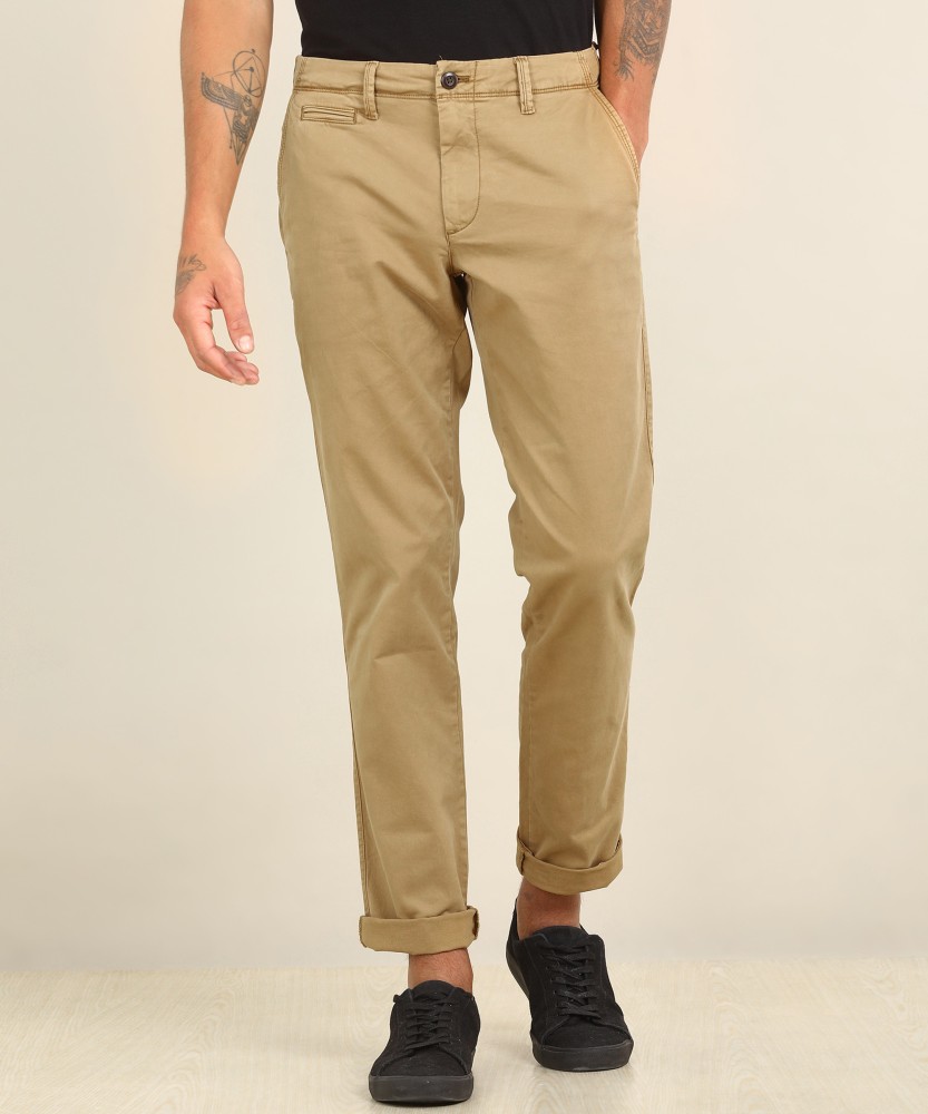 Buy OnlineSpykar Men Brown Cotton Slim Fit Ankle Length Plain Trousers