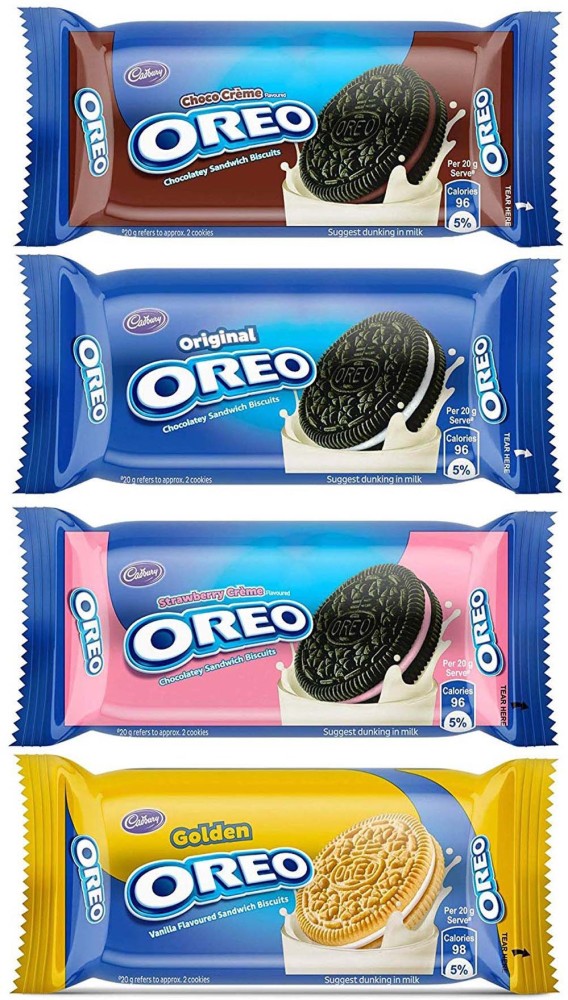 Cadbury Oreo Combo of (Original + Golden + ChocoCreme + StrawberryCreme)  Chocolatey Sandwich Biscuits, 51.5g (Pack of 10 Each) Cream Filled Price in  India - Buy Cadbury Oreo Combo of (Original +