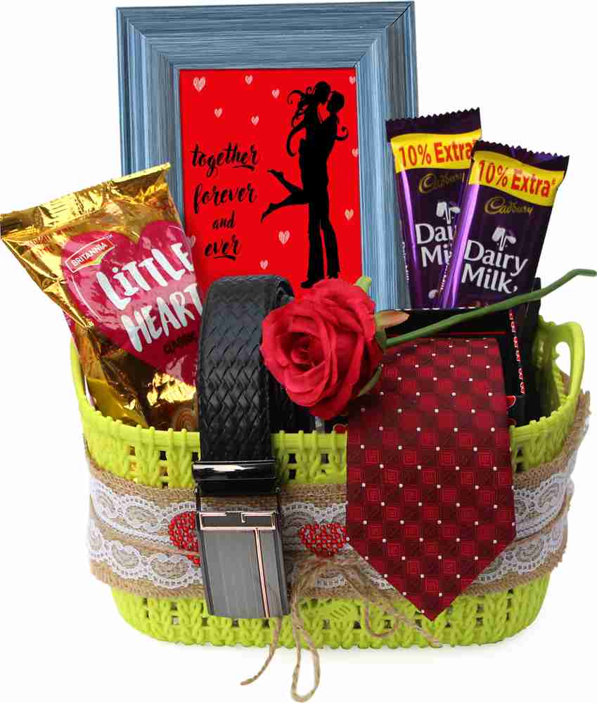TIED RIBBONS Valentine Gifts for Husband, Boyfriend, Him Special Gifts  Hamper (Men's Necktie, Belt, Dairy Milk Chocolates, Little Heart Packet,  Red Rose, Quoted Photo Frame in Basket) Plastic Gift Box Price in
