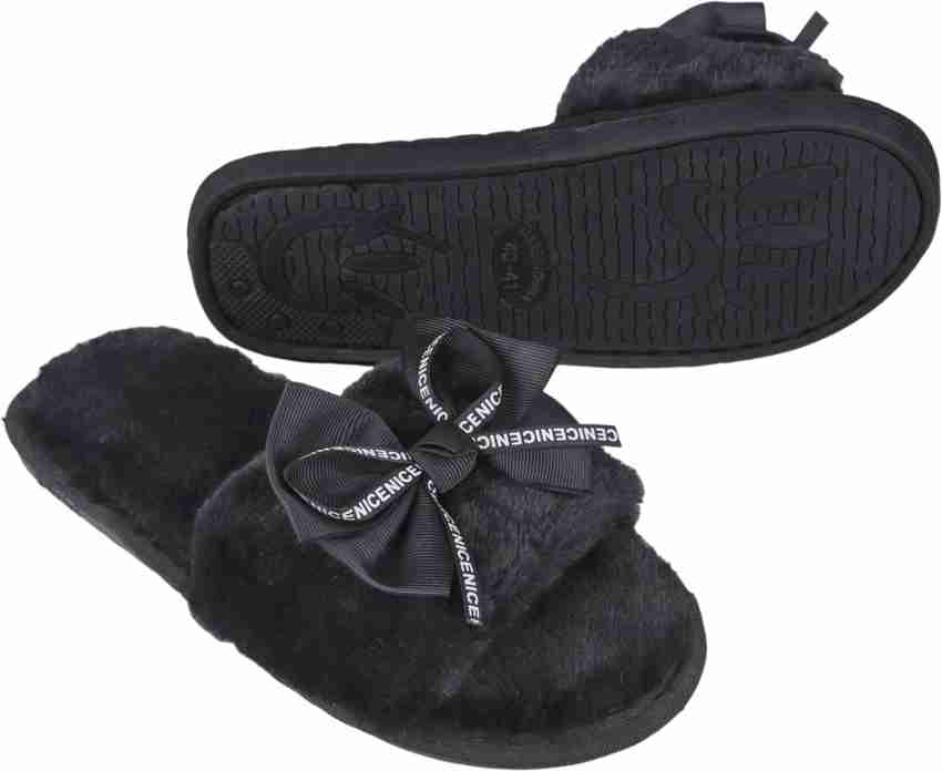 Ladies black fluffy slippers shop