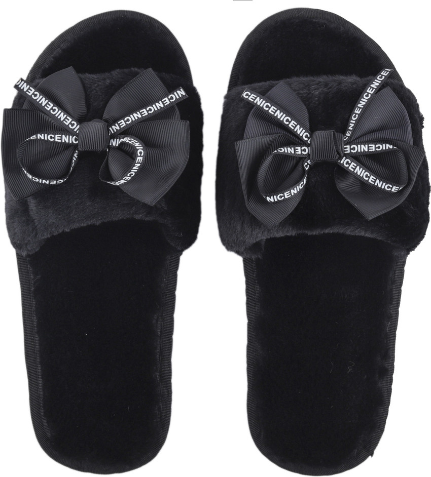 Black fluffy slippers sale womens