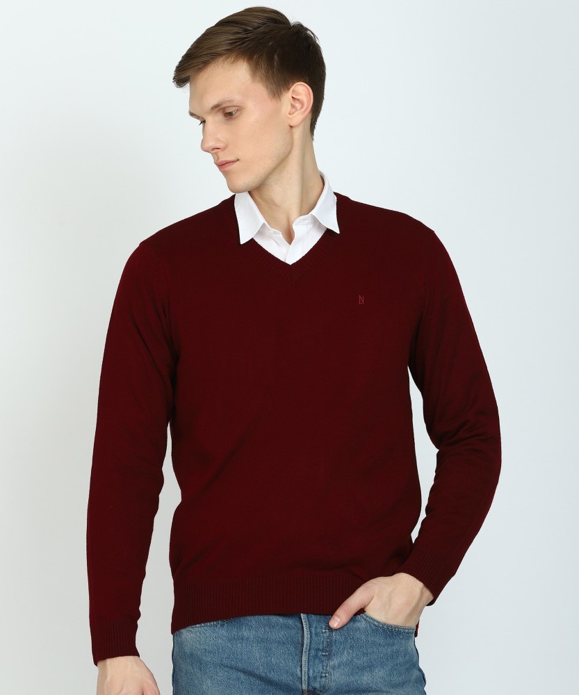 Next Look Solid V Neck Casual Men Maroon Sweater