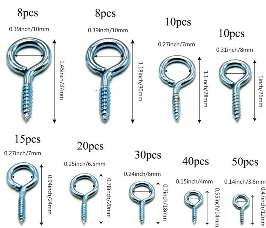 DIY Crafts Stainless Steel Screw Eye Rings Hooks (9 Sizes) (Pack of 150) -  Stainless Steel Screw Eye Rings Hooks (9 Sizes) (Pack of 150) . shop for  DIY Crafts products in India.