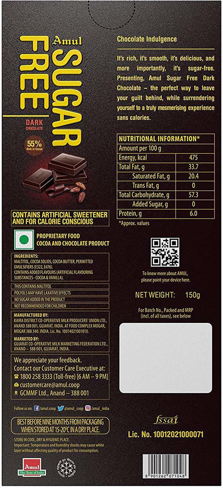 Amul Sugar Free Dark Chocolate 150g 55 Rich Coco Pack of 3 Bars Price in India Buy Amul Sugar Free Dark Chocolate 150g 55 Rich Coco Pack of 3 Bars online at Flipkart