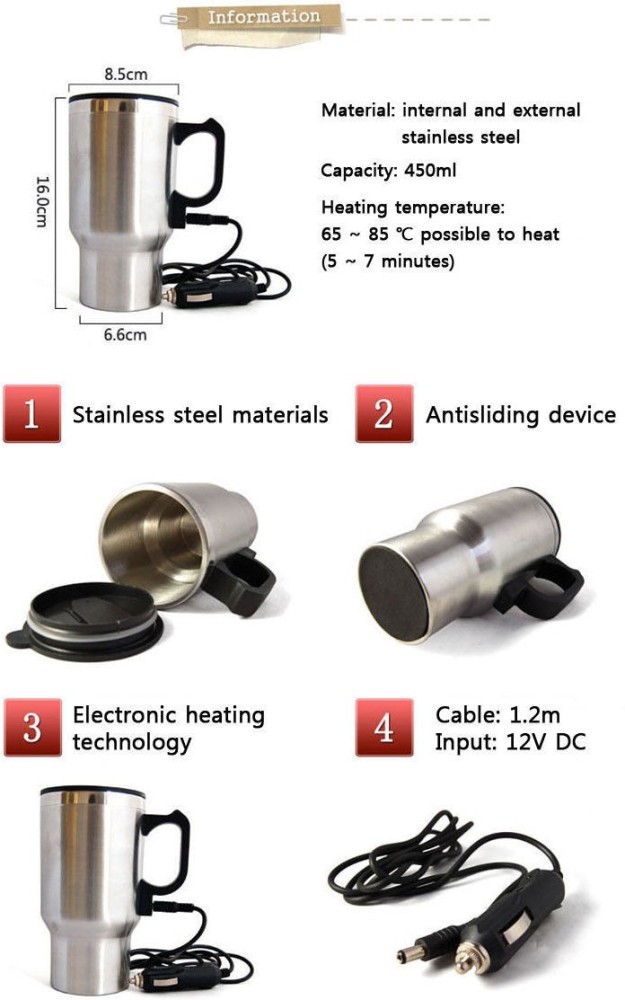  Heated Travel Mug, 12V 450ml Electric Incar Stainless