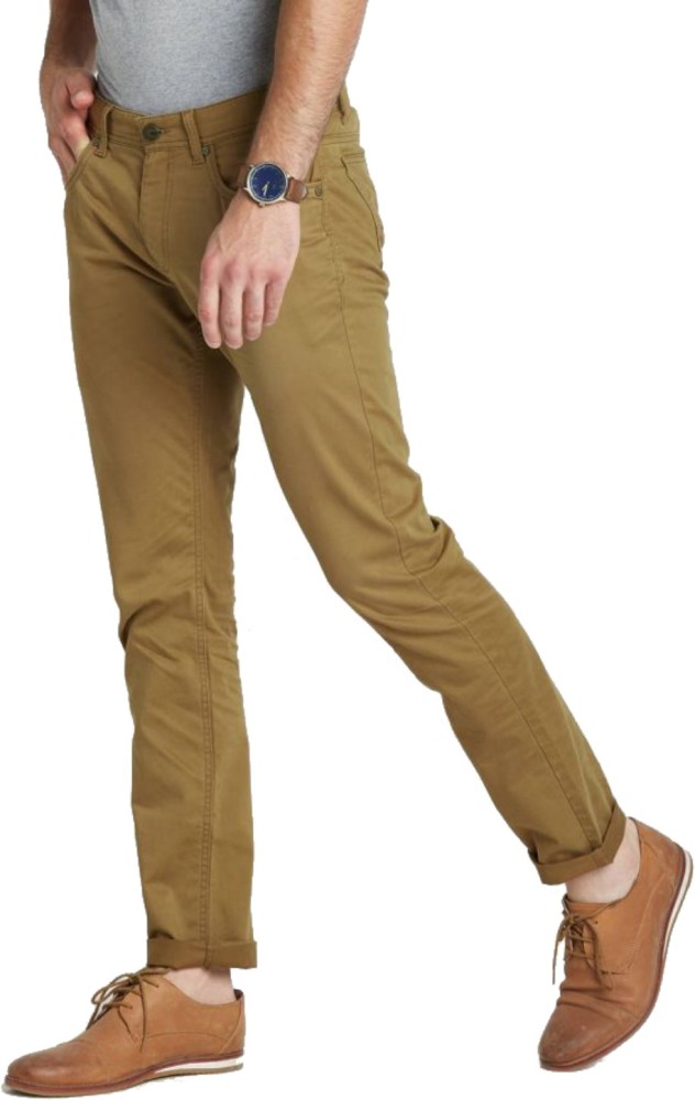 Plain File Beige Men Cotton Trouser Regular Fit