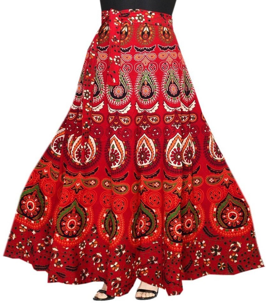 Buy Rangun Printed Cotton Wrap Around Skirt for Women's Red at