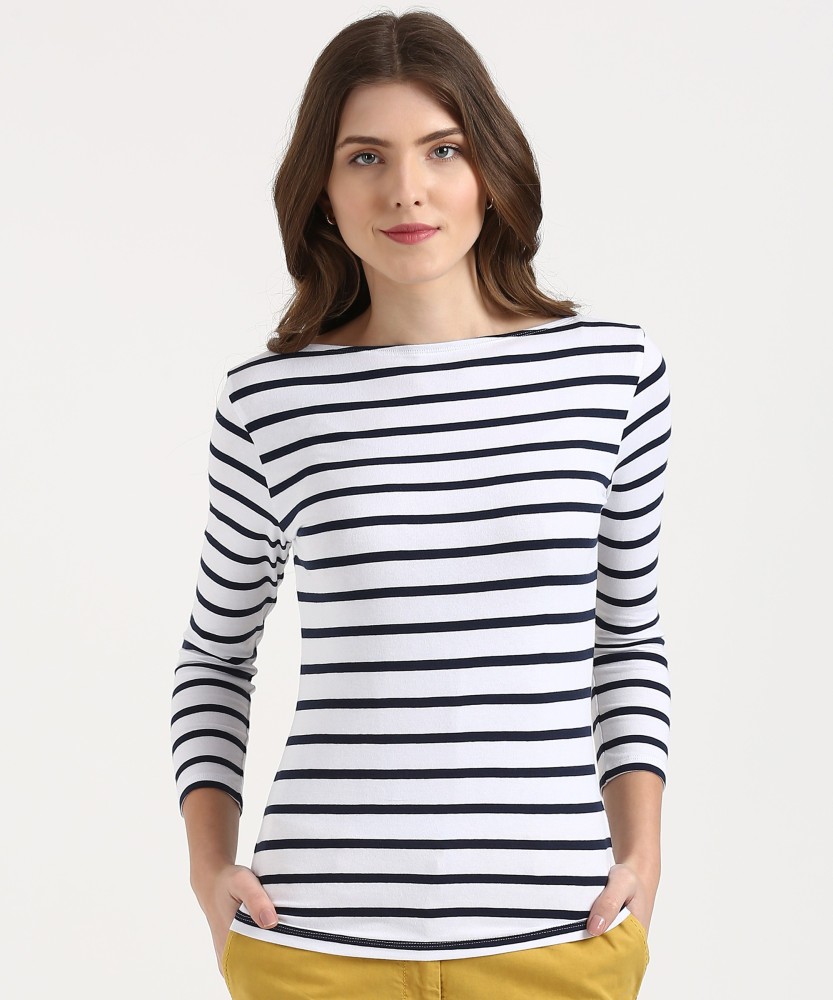 MARKS & SPENCER Striped Women Boat Neck White T-Shirt - Buy MARKS