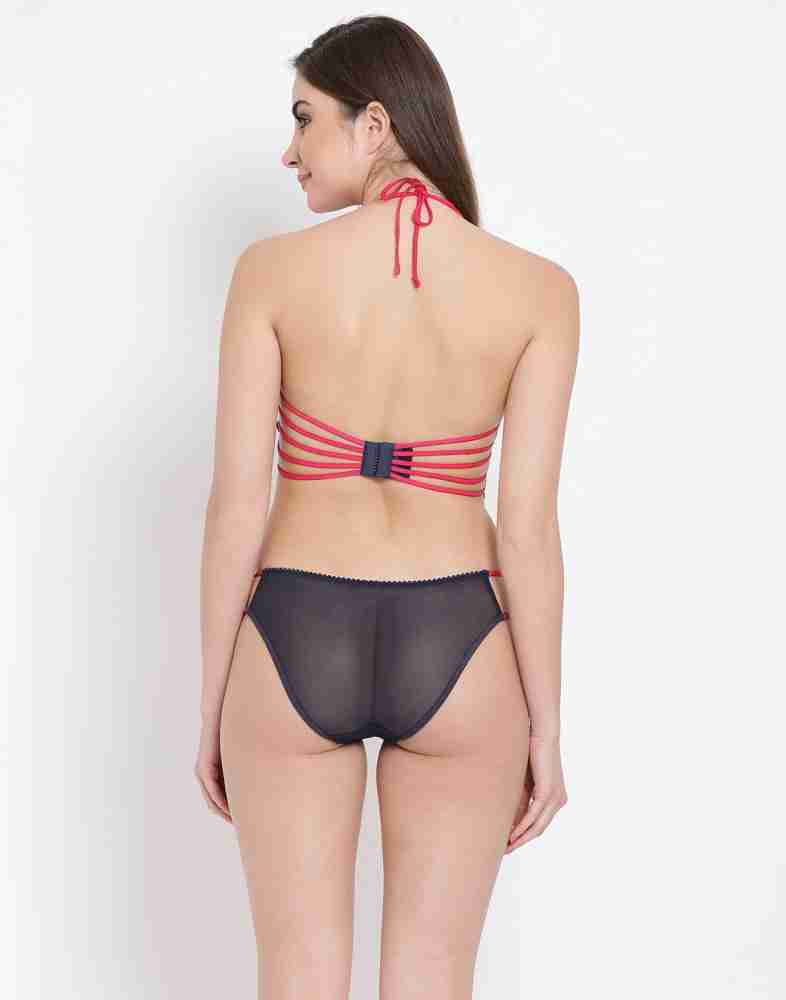 Buy Clovia Women's Lace Non-Padded Non-Wired Demi Cup Plunge Bra & Low  Waist Bikini Panty (BP1477P12_Purple_32C) at