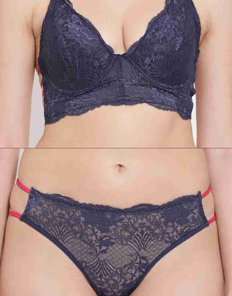 Buy Lace Non-Padded Underwired Plunge Bra & Bikini With Cut-Out