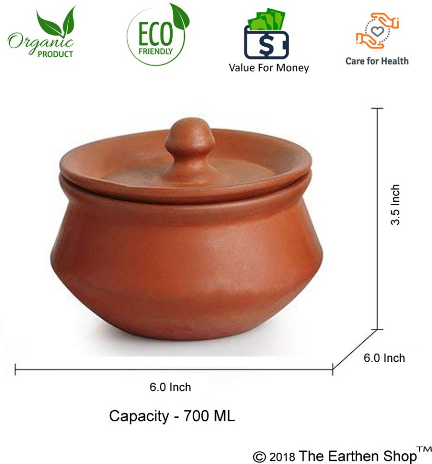 Handmade Clay Low Pot for Cooking with Lid, Unglazed Earthenware Cookware,  Small 