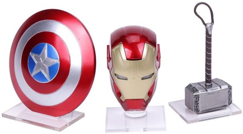 Avengers Super Hero Mini Weapons Captain America Shield Iron Man Helmet Thor Hammer Figures Toys 3 pcs set Super Hero Mini Weapons Captain America Shield Iron Man Helmet