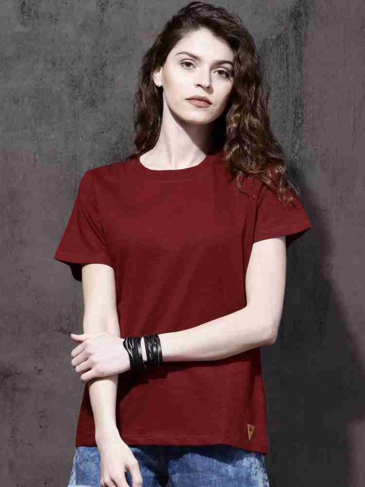 Roadster Solid Women Round Neck Maroon T-Shirt