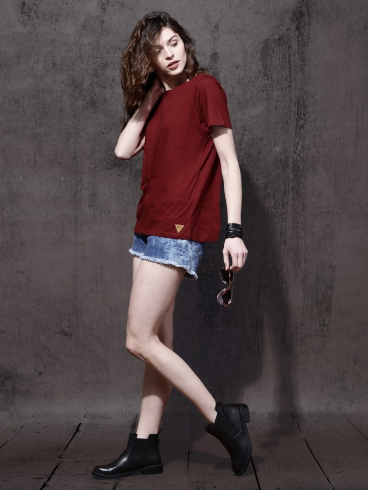 LASTINCH Solid Women Round Neck Maroon T-Shirt - Buy LASTINCH Solid Women  Round Neck Maroon T-Shirt Online at Best Prices in India