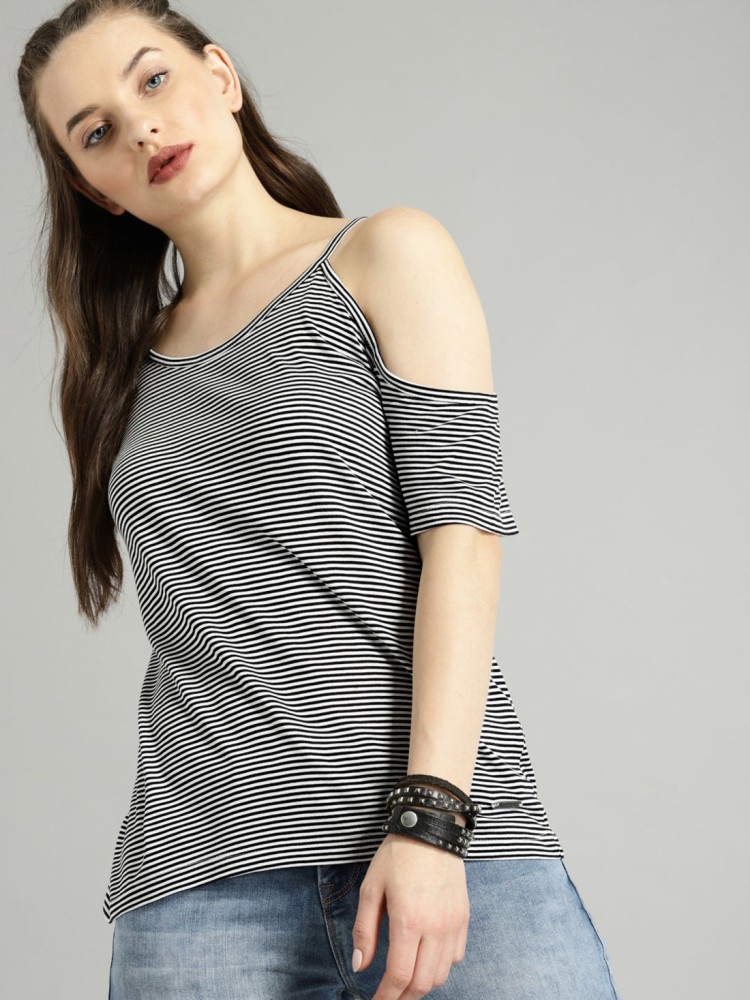 Roadster Casual Cold Shoulder Striped Women White Black Top