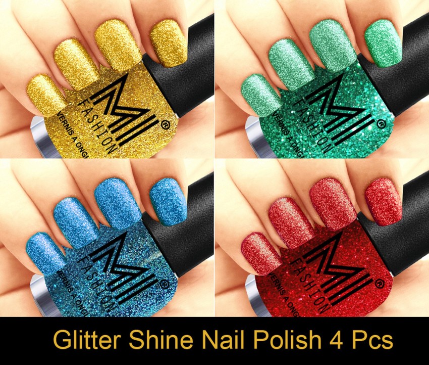 MI FASHION Platinum Collection 12 ml each Set of 4 Glitter High Shine Long  Lasting Nail Polish Colors at Your Fingertips Combo No14 Golden Gold  Silver Silver Gold Sky Blue  Price