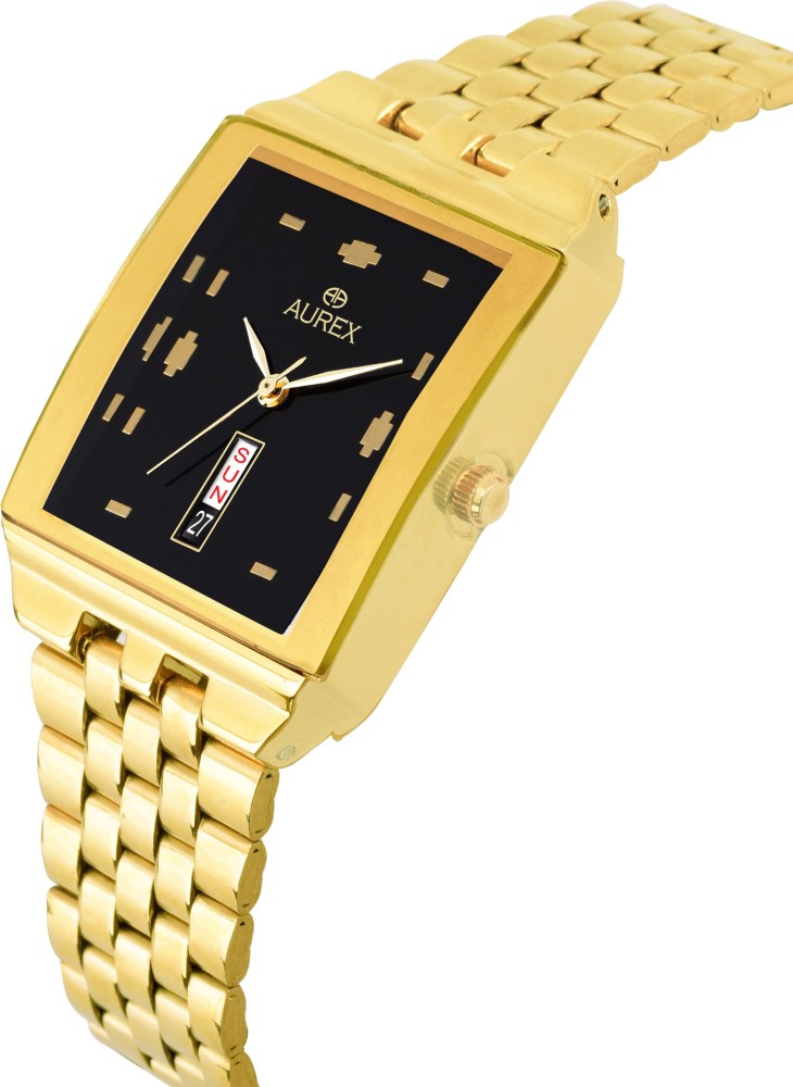 Aurex Original Gold Plated Black Dial Day Date Functioning Square Shaped Metal Bracelet Premium Watch for Men Boys Analog Watch For Men Buy Aurex Original Gold Plated Black Dial Day