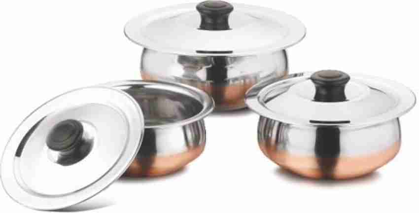 Stainless Steel Copper Bottom Multipurpose Cook & Serve Handi with Lid - Set of 3