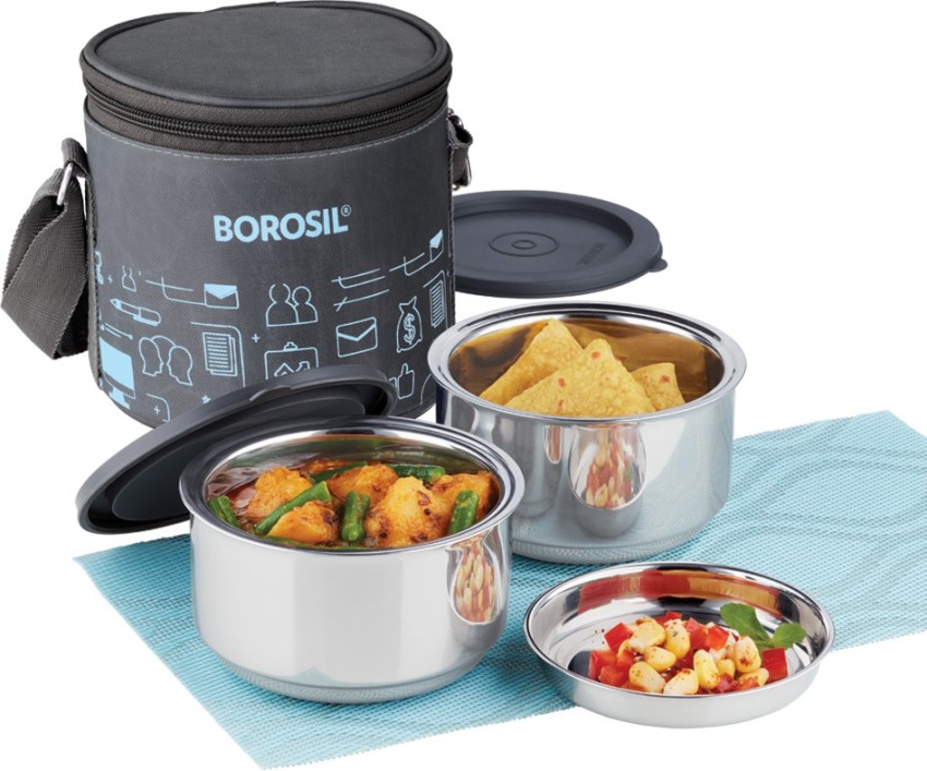 Borosil - Carry Fresh Stainless Steel Insulated Lunch Box Set of 2, 280ml, Grey