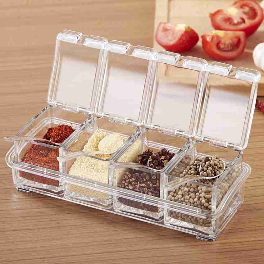 inheming 4 PCS Seasoning Box, Clear Acrylic Spice Pots with Cover and  Spoon, Kitchen Storage Container Condiment Jars with Tray