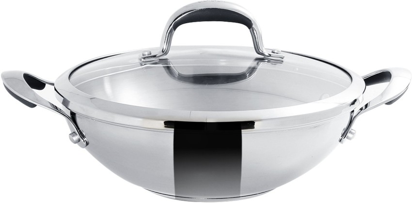 Meyer Select Nickel Free Stainless Steel Kadai, Kadhai with Glass Lid |  Steel Kadai with Triply Base | Steel Cookware for Deep Frying | Gas and