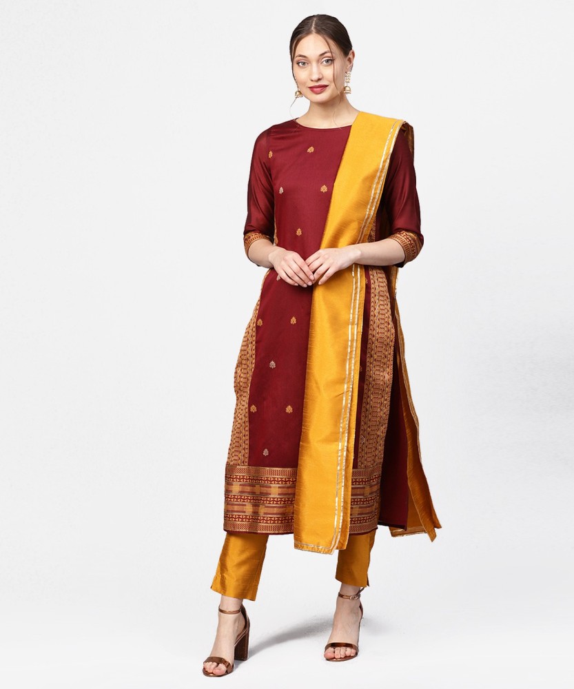 Golden Yellow Embroidered Cotton Silk Kurti with Pant  LLT41501R