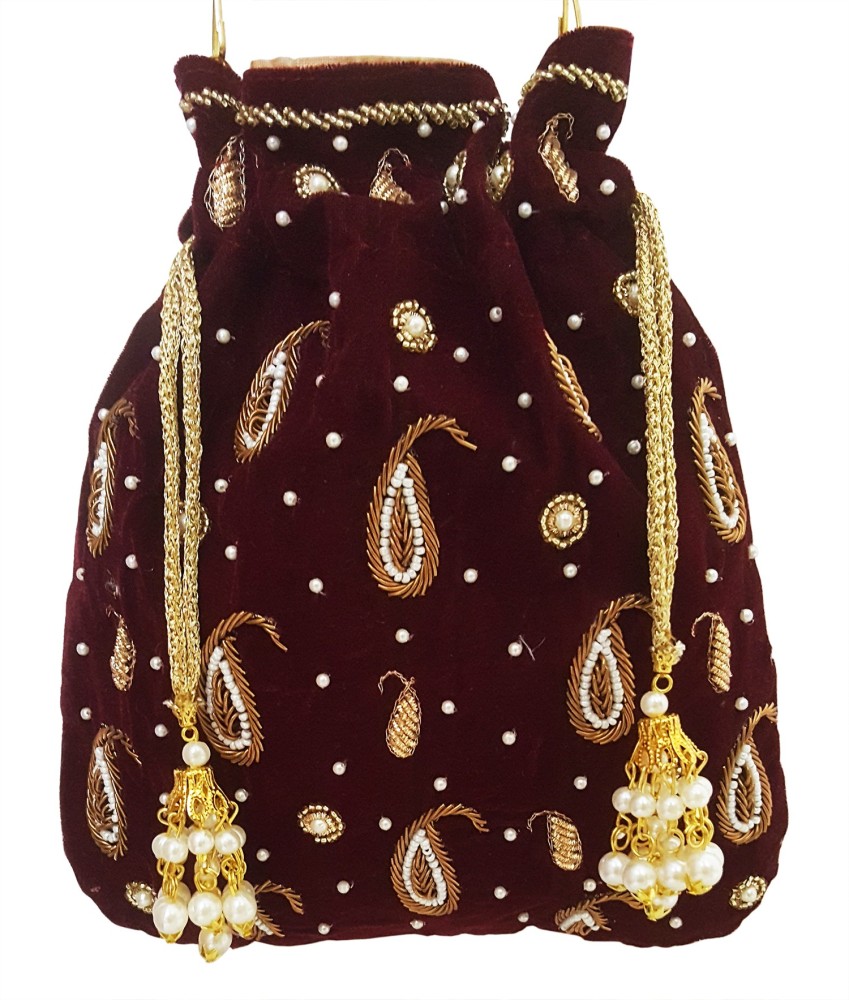 Maroon Gloss Velvet Zari Embroidered Potli Bag